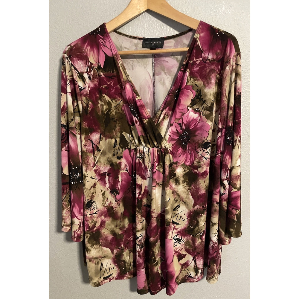 Investments Womens Top 3X Purple Floral Babydoll 3/4 Sleeve Fairy Whimsical Y2K
